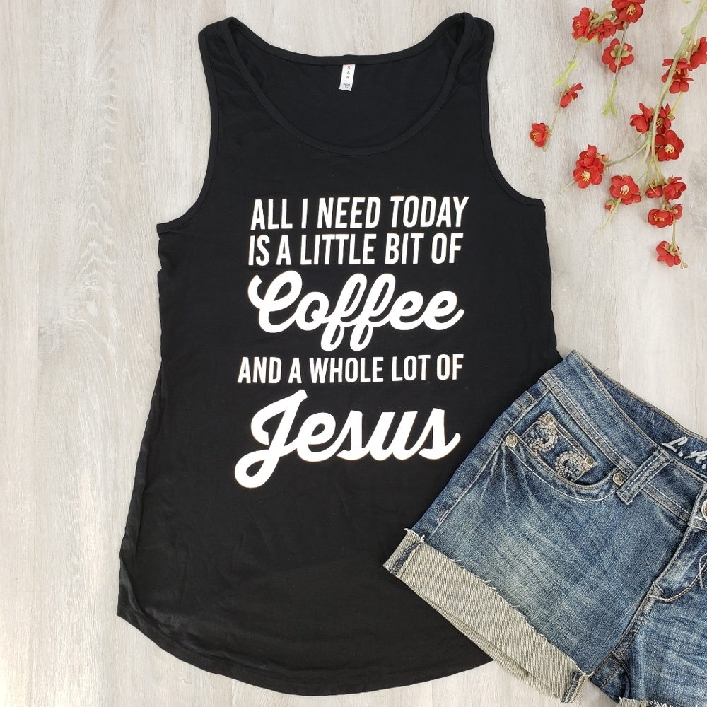 NEW Coffee and Jesus Graphic Tank Top in Black